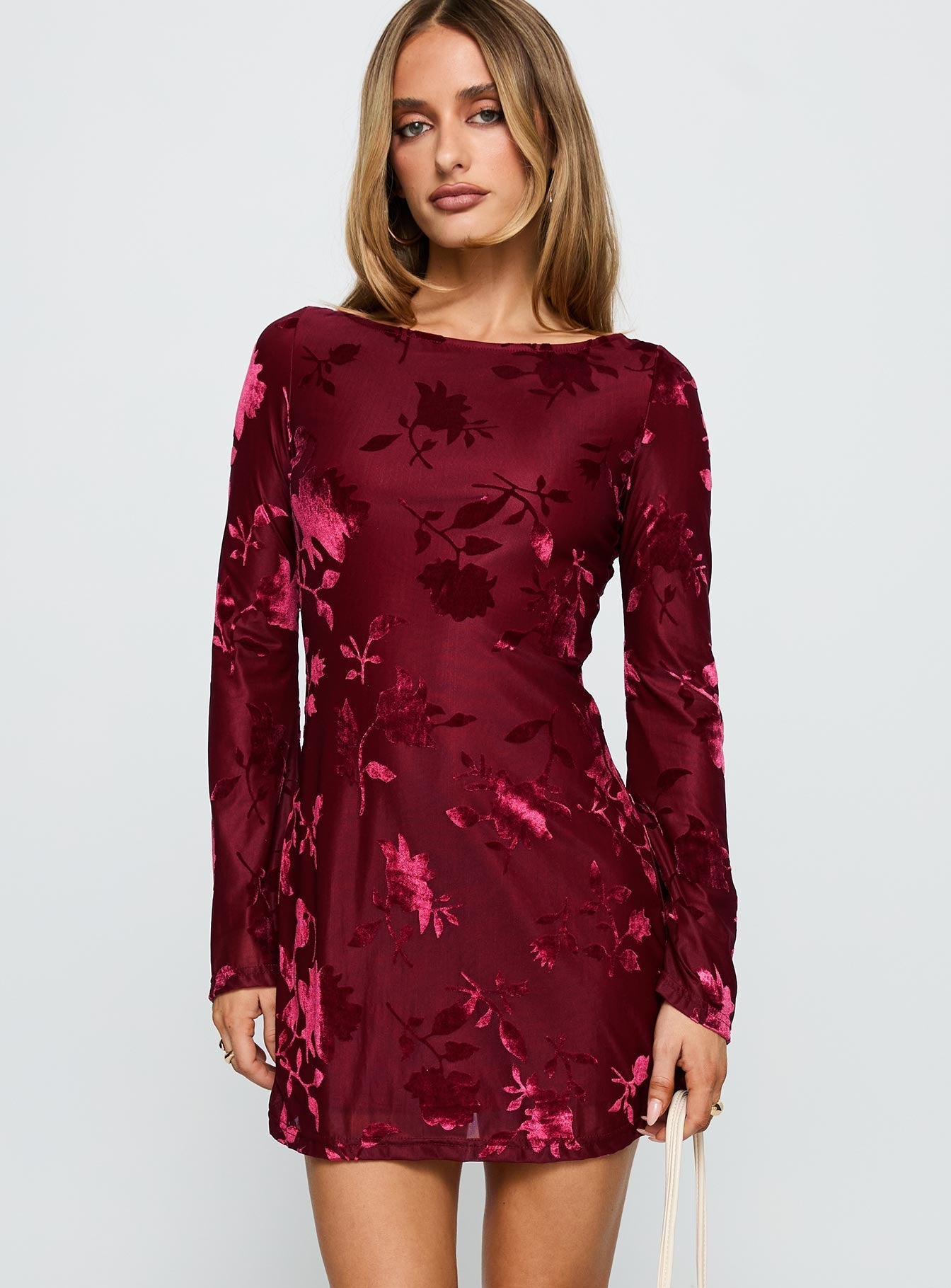 Lukea Long Sleeve Mini Dress Burgundy Burnout