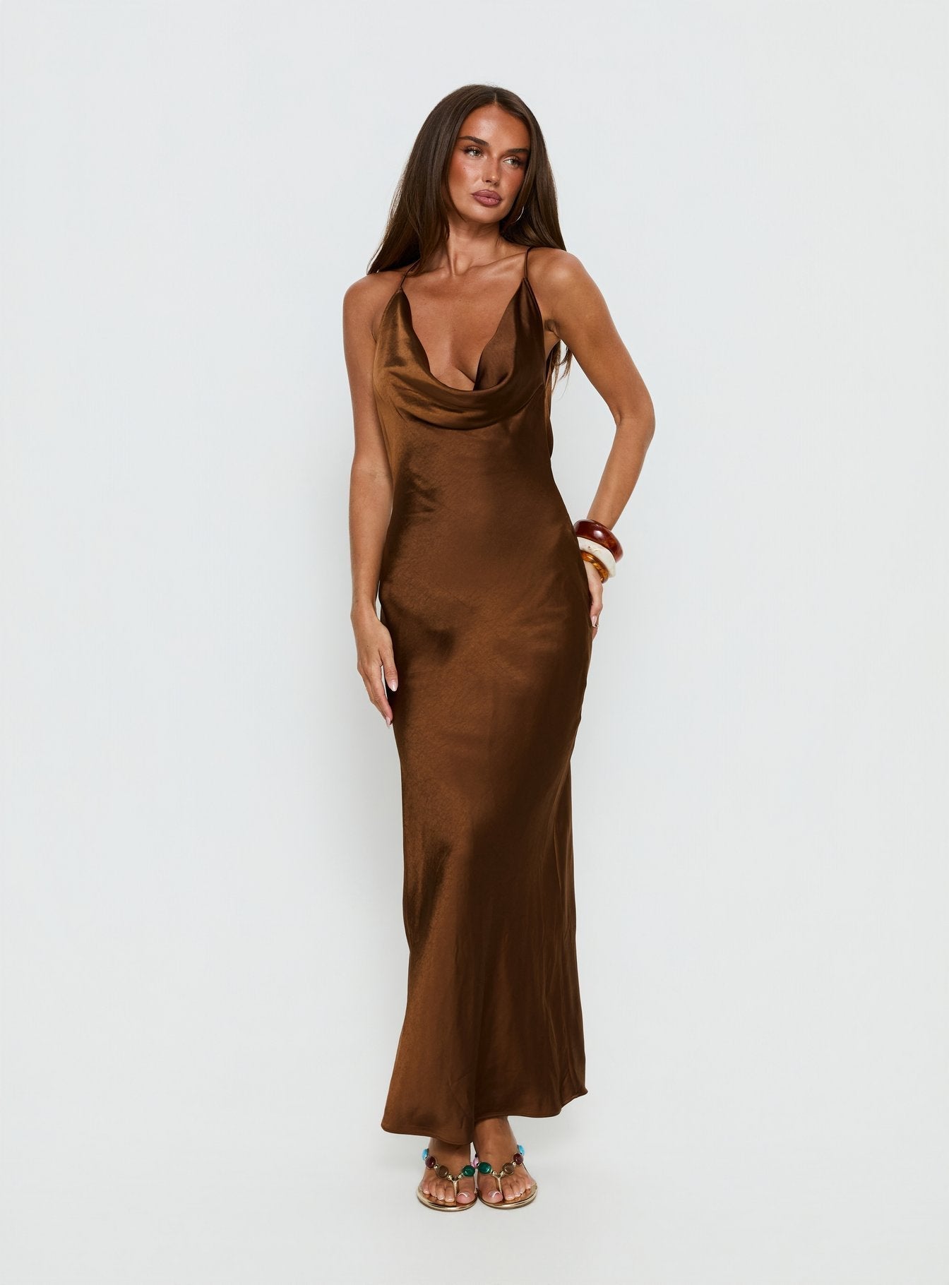 Anjelina Halter Plunge Maxi Dress Chocolate Brown
