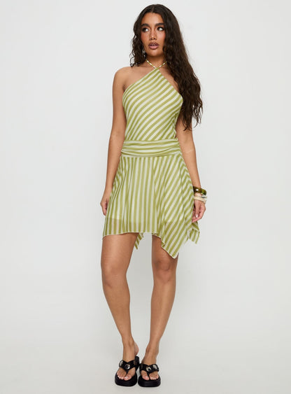 Sadana Arrowhead Asymmetrical Mini Dress Green Stripe