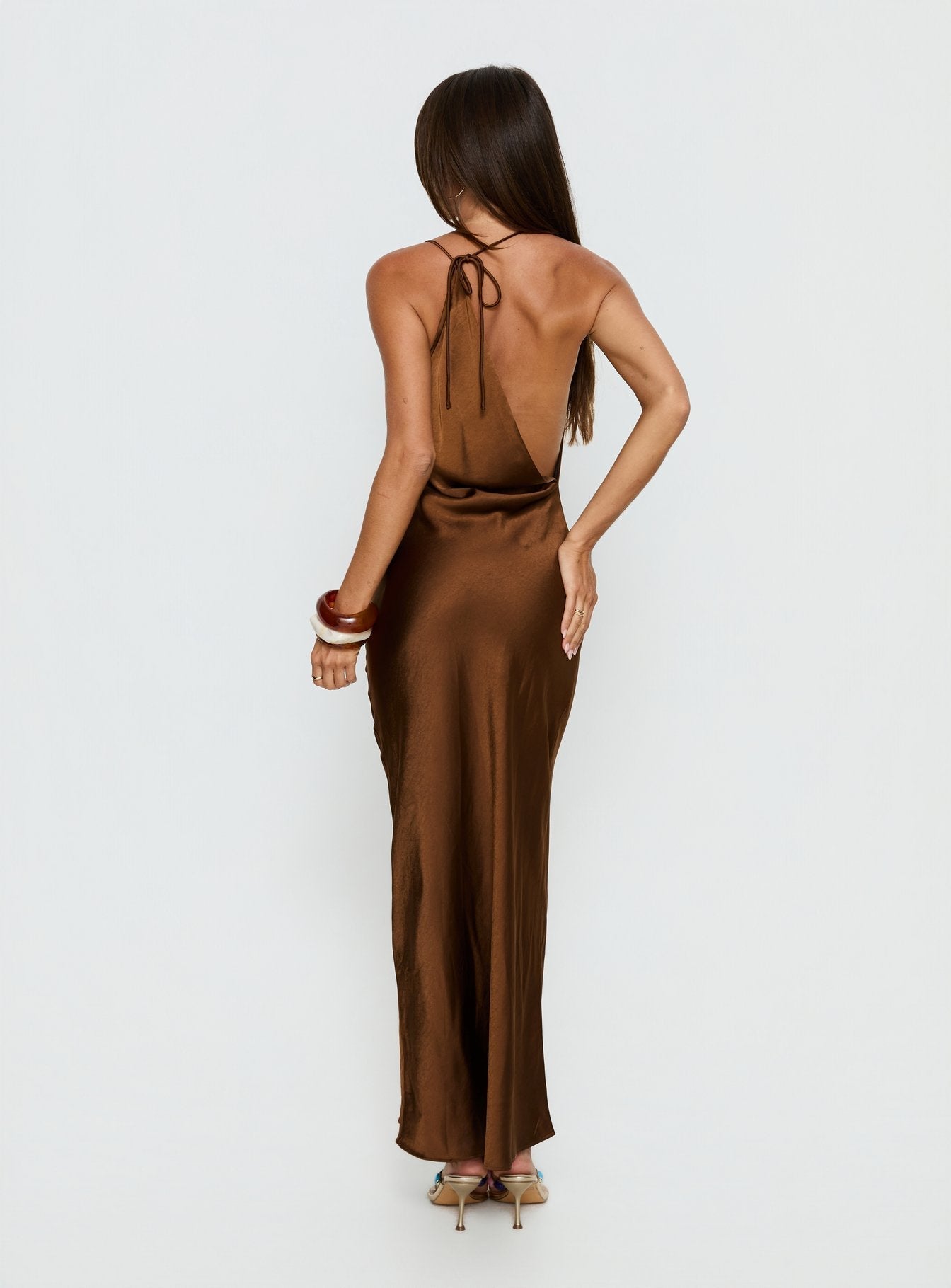 Anjelina Halter Plunge Maxi Dress Chocolate Brown