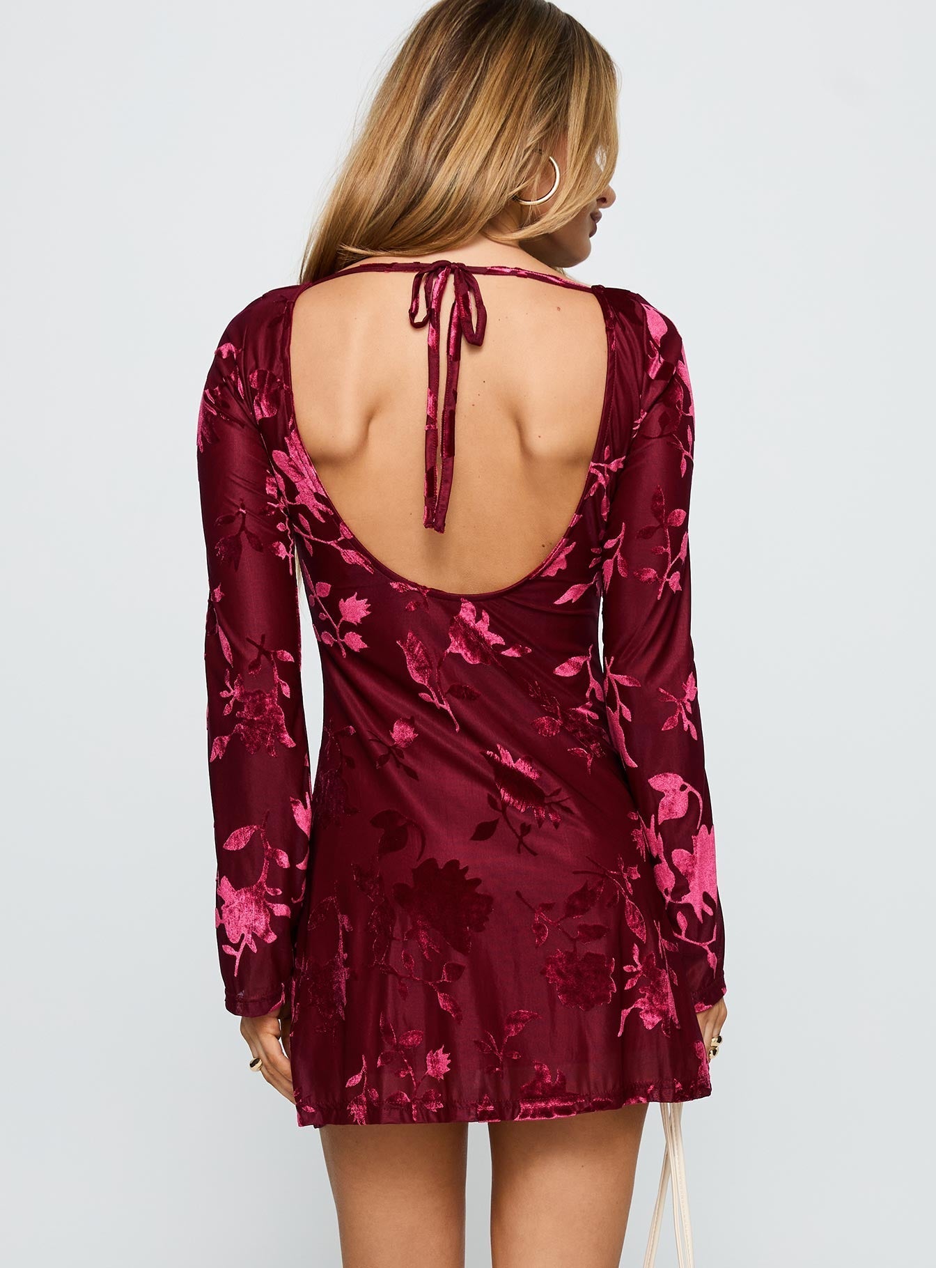 Lukea Long Sleeve Mini Dress Burgundy Burnout