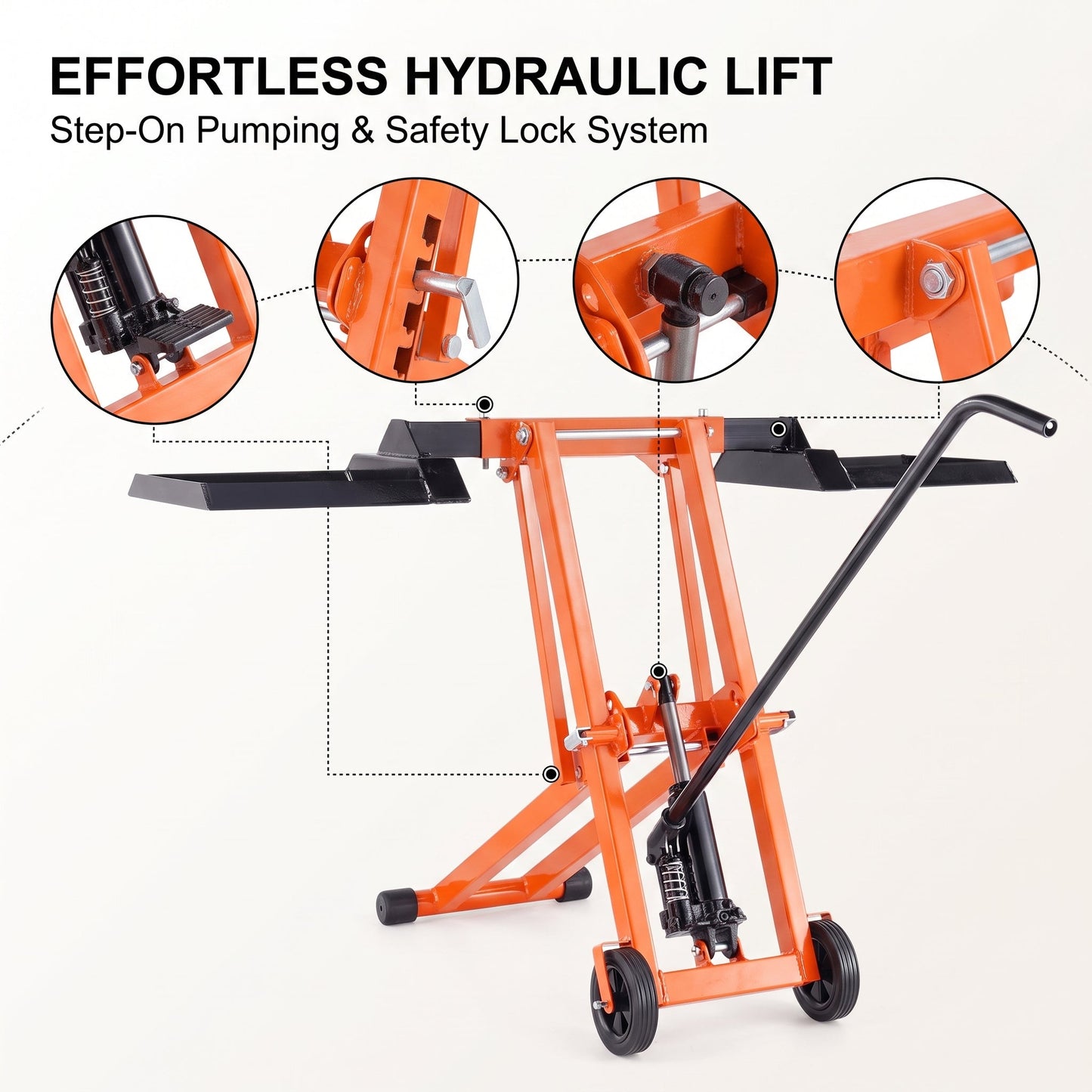 Hydraulic Lawn Mower Lift, 500 LBS Load Capacity, Solid Carbon Steel Construction, Adjustable Universal Lawn Lifter, Compatible with Riding Tractors, Zero-Turn Mowers & Utility ATVs, Orange