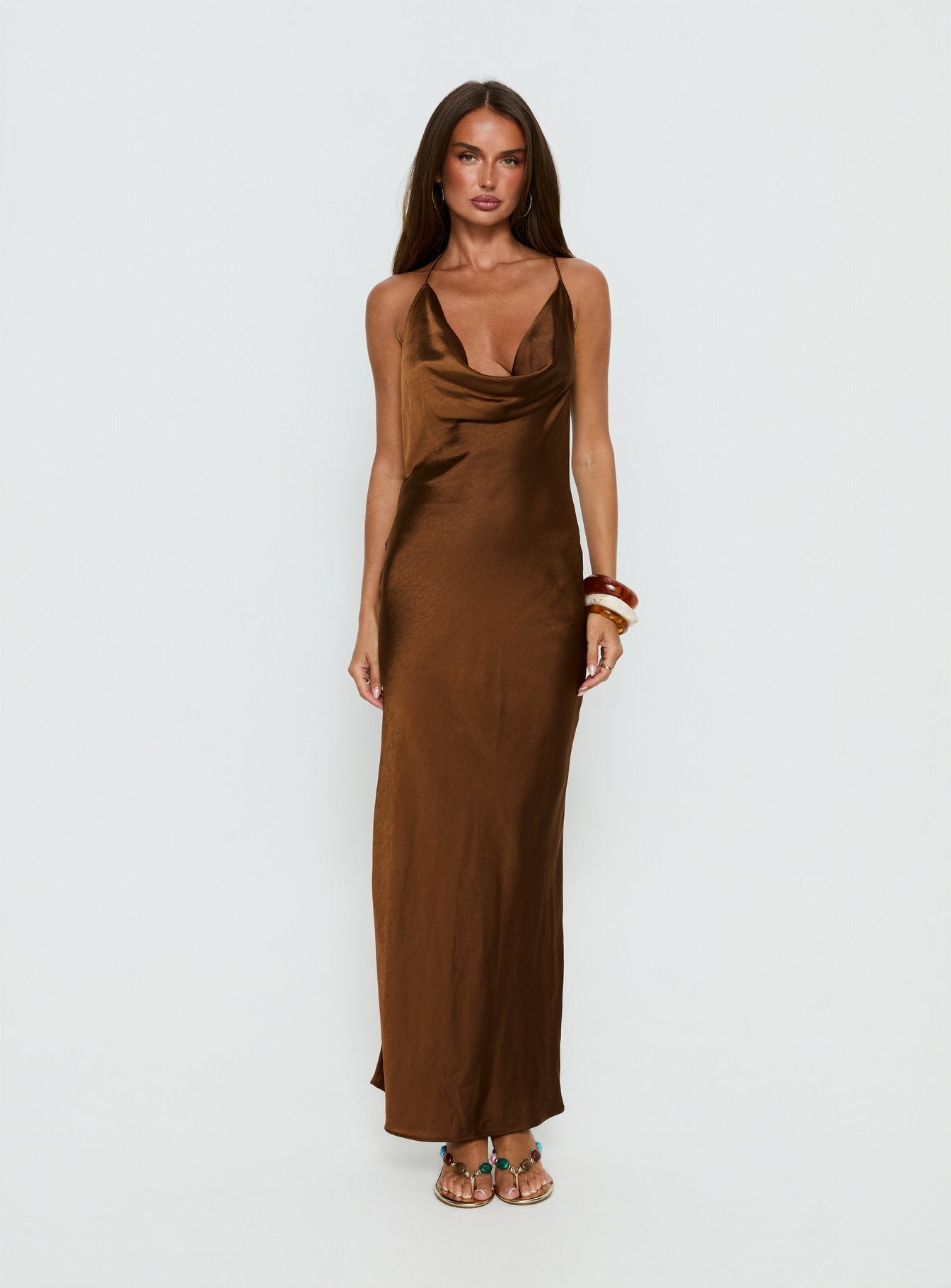 Anjelina Halter Plunge Maxi Dress Chocolate Brown