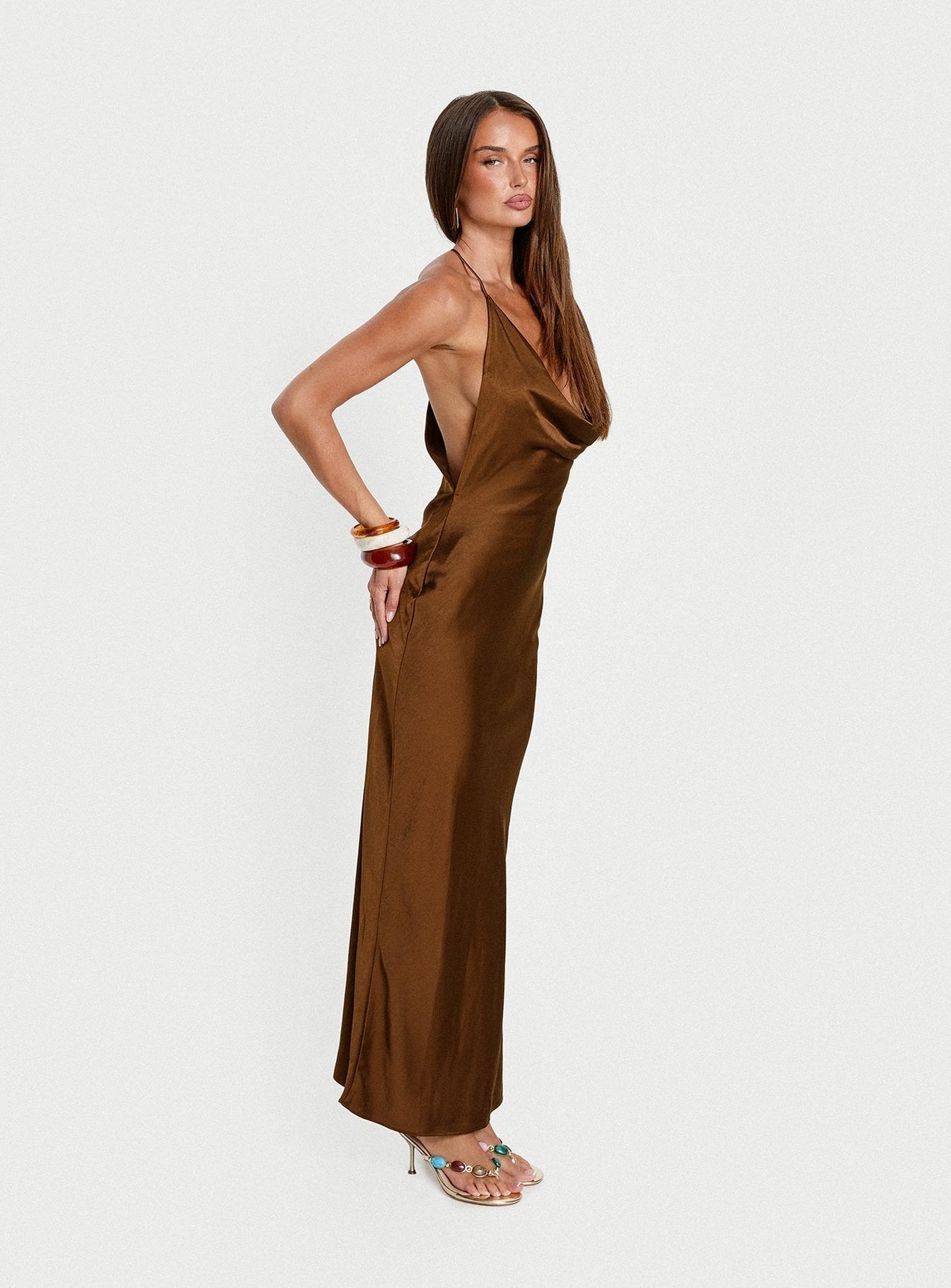Anjelina Halter Plunge Maxi Dress Chocolate Brown