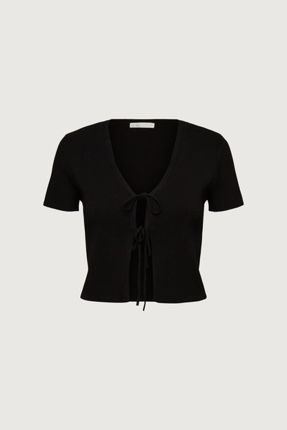 CROPPED SHORT SLEEVE SWEATER WITH OPEN FRONT TIES