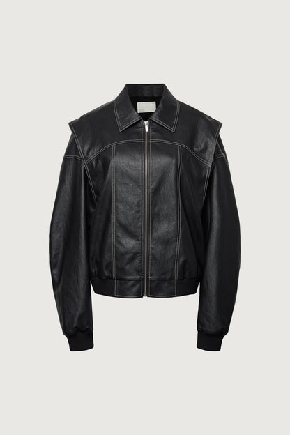 LAYERED DETAIL CONTRAST STITCH VEGAN LEATHER BOMBER