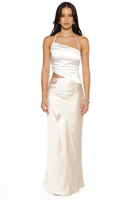 Gracie White Contrast Satin Maxi Dress
