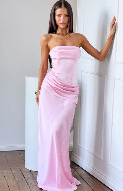 Malorie Pink Satin Strapless Maxi Dress