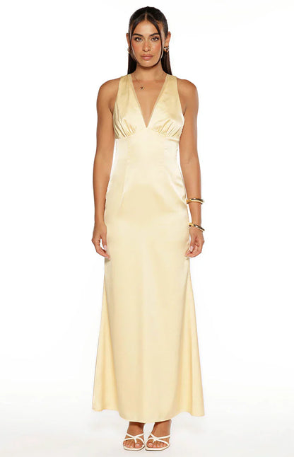 Nicolina Yellow Satin Formal Maxi Dress