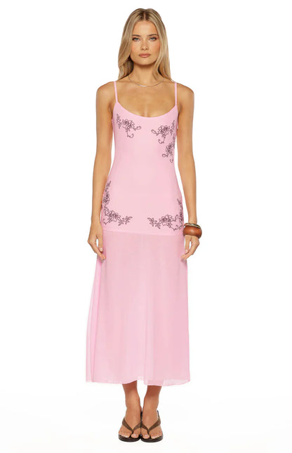 Oaklee Light Pink Embroidered Midi Dress