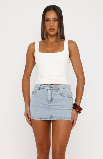 Peachy Keen Mid Rise Denim Mini Skirt Mid Blue