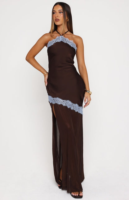 Perfect For You Halter Maxi Dress Dark Chocolate/Powder Blue