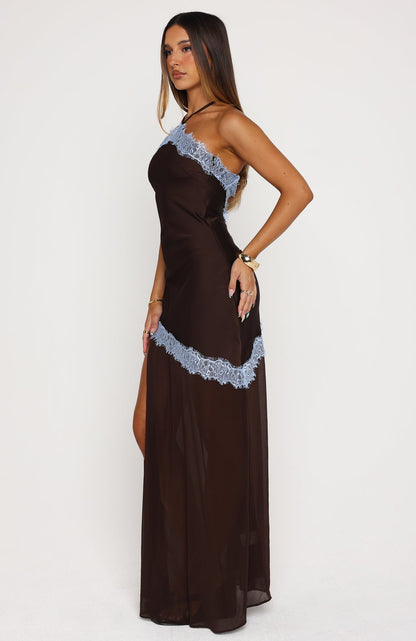 Perfect For You Halter Maxi Dress Dark Chocolate/Powder Blue